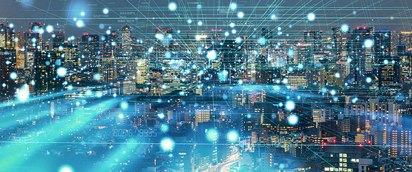 An abstract image of a graph overlaid on a city skyline)