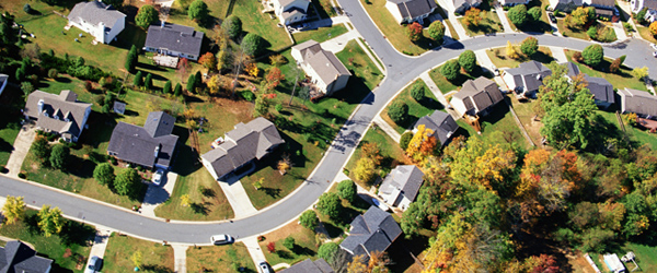 Overhead shot of a residential community)