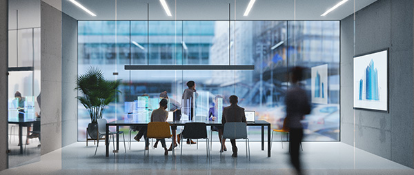 Employees working together in a downtown office building