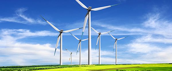 Huge Windmill Field With Blue Sky)